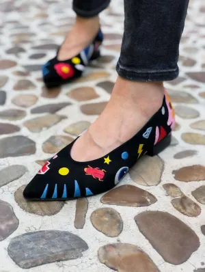 Nouvel Univers Ballerines Véganes Brodées en Simili Cuir Écologique | Noir