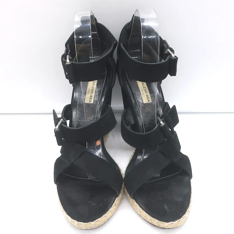 Balenciaga Sandales à Talons Compensés Espadrille en Suède Noir Taille 41 à Boucle et Lanière