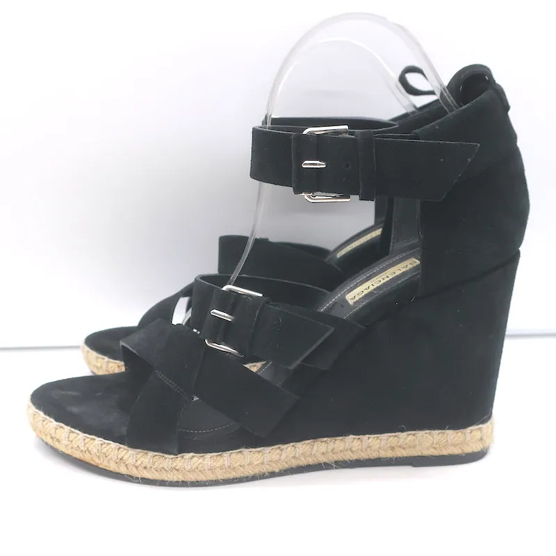 Balenciaga Sandales à Talons Compensés Espadrille en Suède Noir Taille 41 à Boucle et Lanière