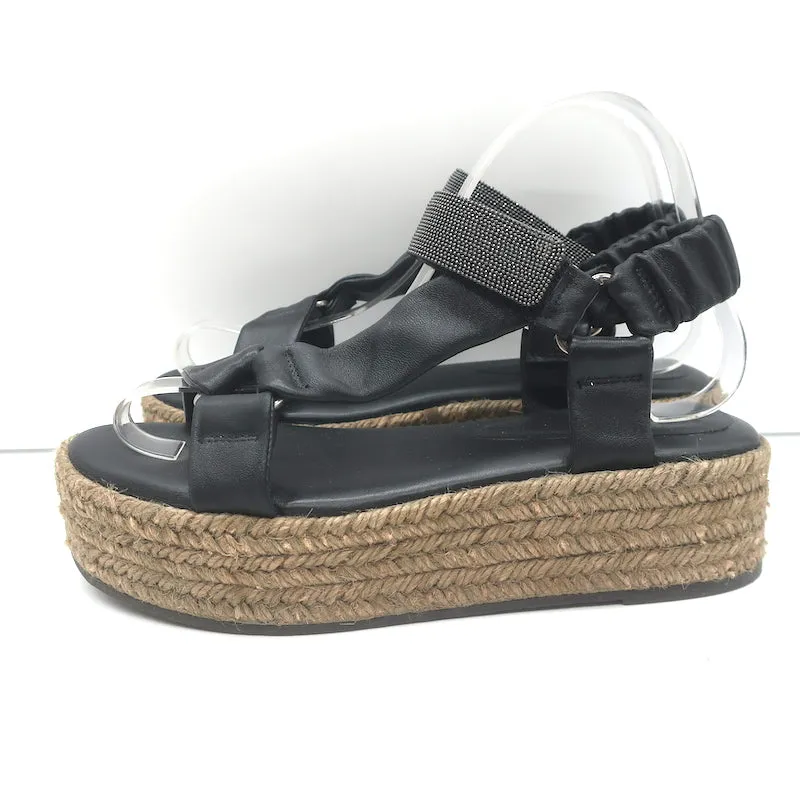 Brunello Cucinelli Sandales Espadrille Plateforme Monili en Cuir Noir Taille 37 NEUVE