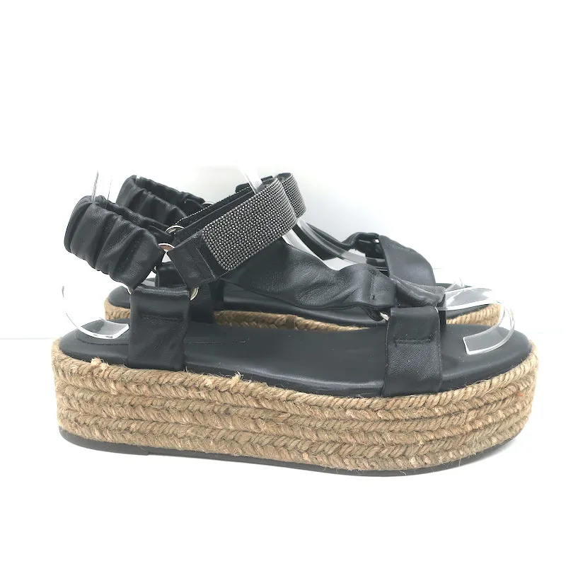 Brunello Cucinelli Sandales Espadrille Plateforme Monili en Cuir Noir Taille 37 NEUVE