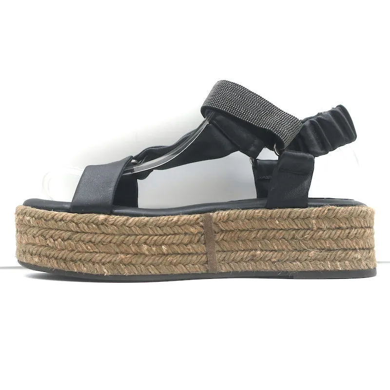 Brunello Cucinelli Sandales Espadrille Plateforme Monili en Cuir Noir Taille 37 NEUVE