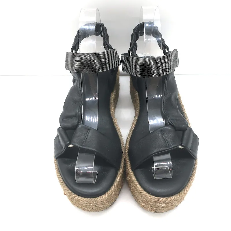 Brunello Cucinelli Sandales Espadrille Plateforme Monili en Cuir Noir Taille 37 NEUVE