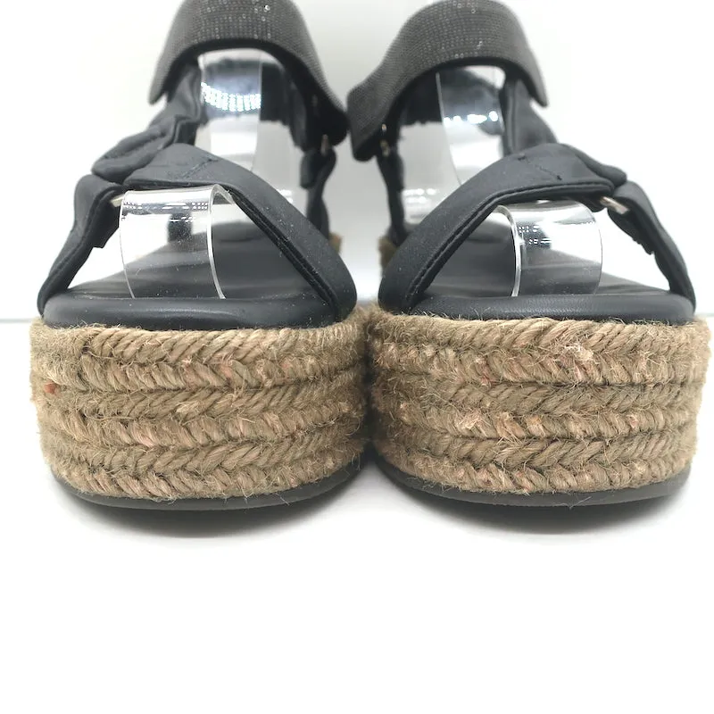 Brunello Cucinelli Sandales Espadrille Plateforme Monili en Cuir Noir Taille 37 NEUVE