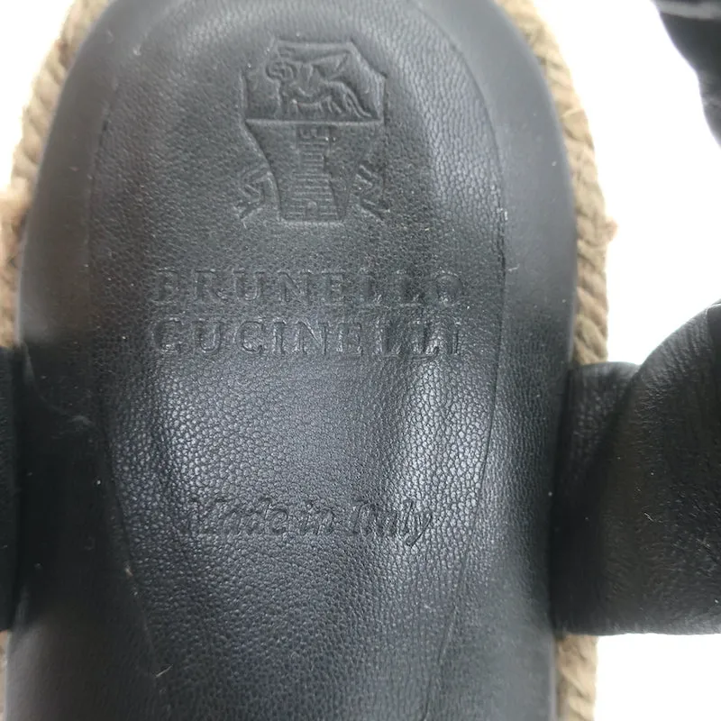 Brunello Cucinelli Sandales Espadrille Plateforme Monili en Cuir Noir Taille 37 NEUVE