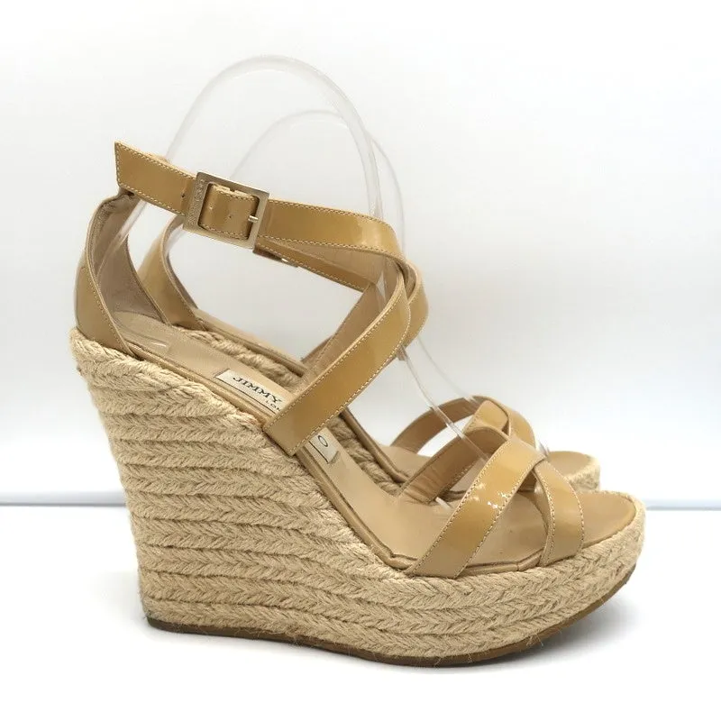 Jimmy Choo Porto Plateforme Espadrille Sandales à Wedge Cuir Vernis Nude Taille 39