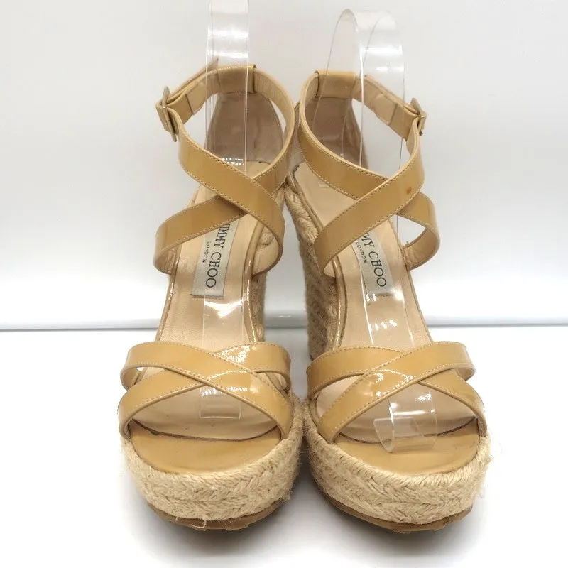 Jimmy Choo Porto Plateforme Espadrille Sandales à Wedge Cuir Vernis Nude Taille 39