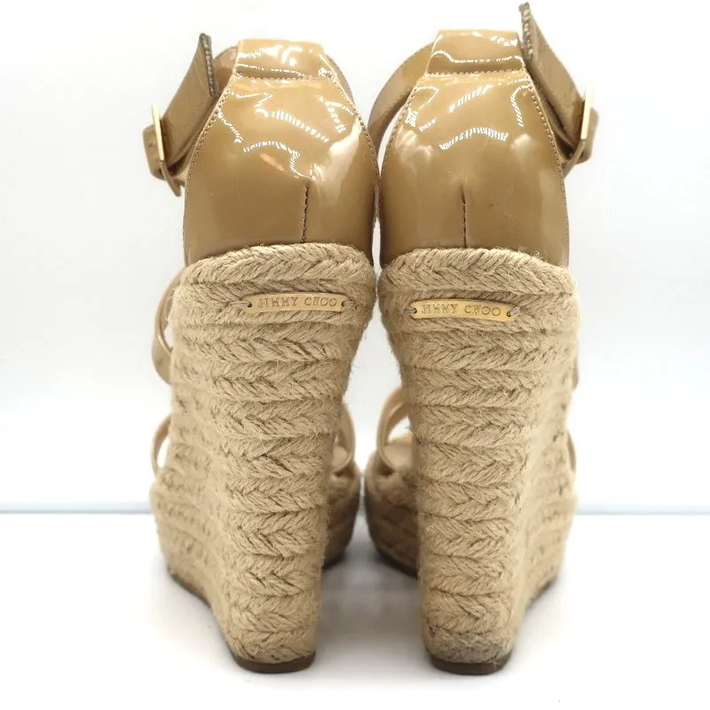 Jimmy Choo Porto Plateforme Espadrille Sandales à Wedge Cuir Vernis Nude Taille 39