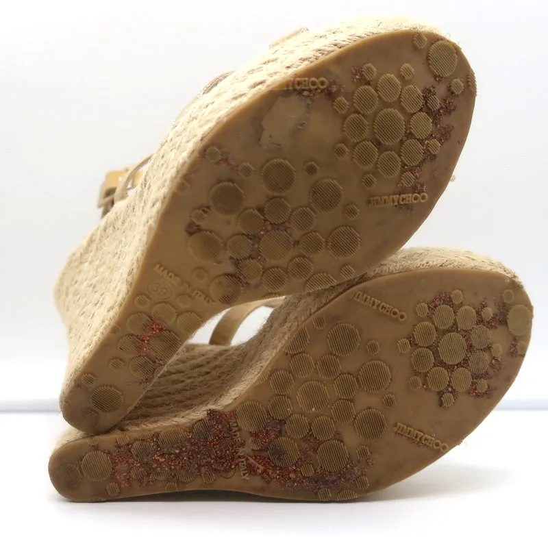 Jimmy Choo Porto Plateforme Espadrille Sandales à Wedge Cuir Vernis Nude Taille 39