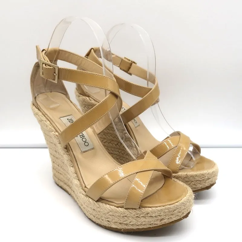 Jimmy Choo Porto Plateforme Espadrille Sandales à Wedge Cuir Vernis Nude Taille 39