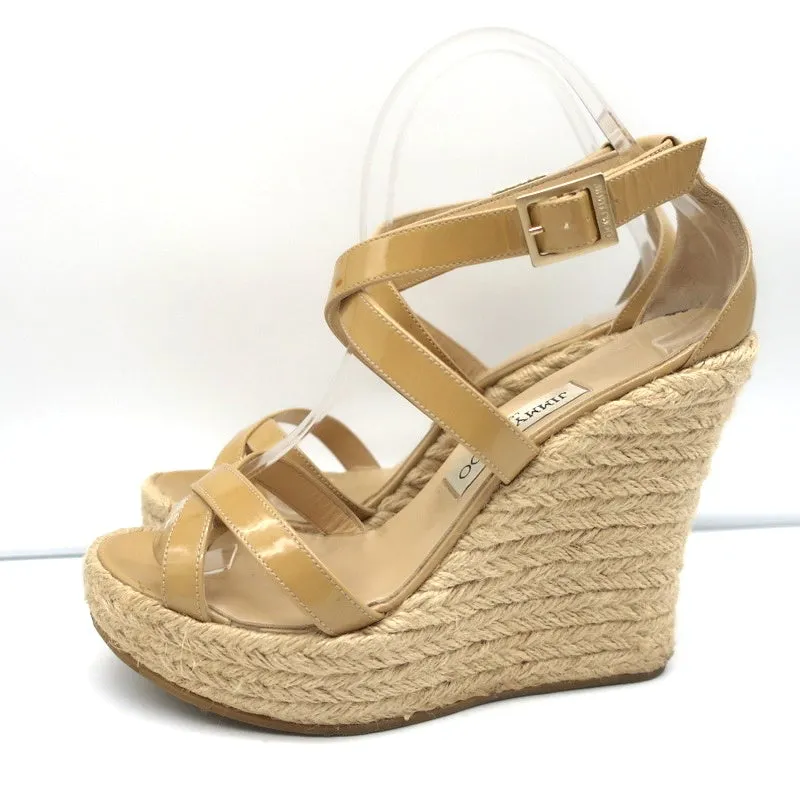 Jimmy Choo Porto Plateforme Espadrille Sandales à Wedge Cuir Vernis Nude Taille 39