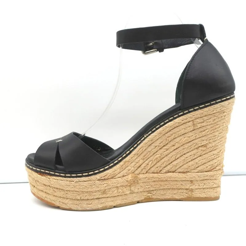 Ralph Lauren Collection Escarpins à Bout Ouvert Wedge à Semelle Espadrille en Cuir Noir Taille 9.5