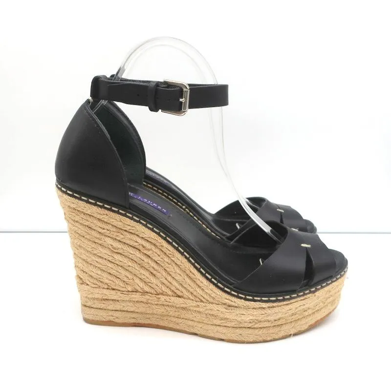 Ralph Lauren Collection Escarpins à Bout Ouvert Wedge à Semelle Espadrille en Cuir Noir Taille 9.5