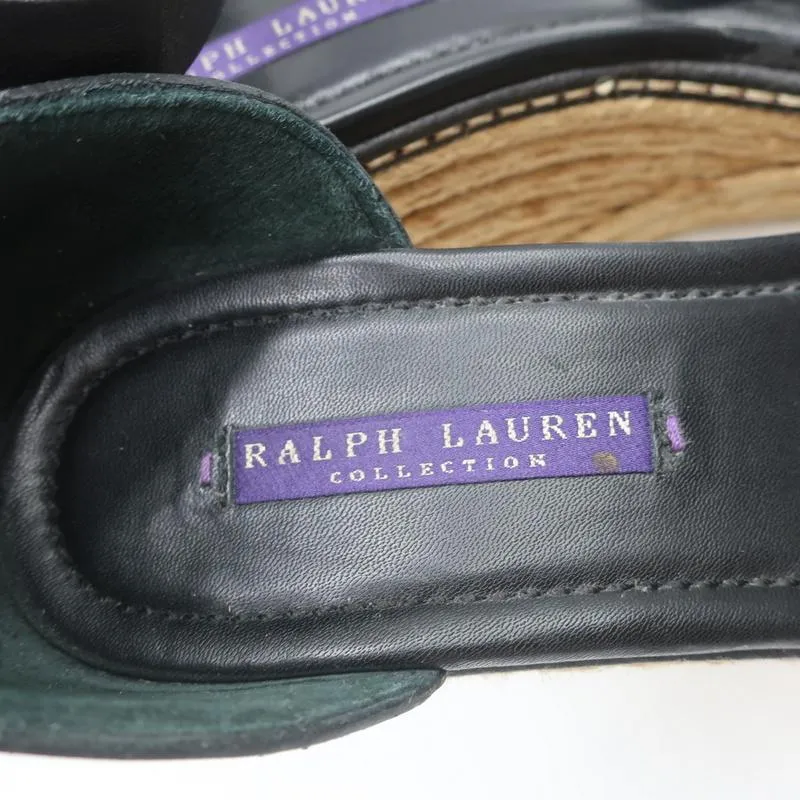 Ralph Lauren Collection Escarpins à Bout Ouvert Wedge à Semelle Espadrille en Cuir Noir Taille 9.5