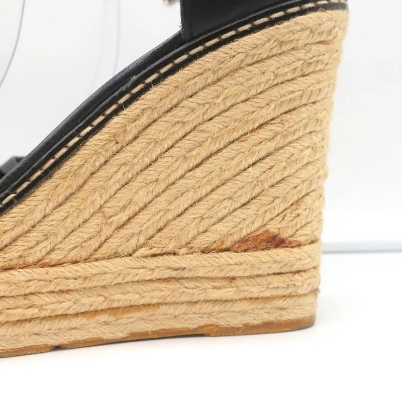 Ralph Lauren Collection Escarpins à Bout Ouvert Wedge à Semelle Espadrille en Cuir Noir Taille 9.5
