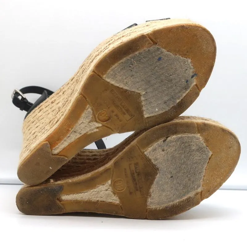Ralph Lauren Collection Escarpins à Bout Ouvert Wedge à Semelle Espadrille en Cuir Noir Taille 9.5