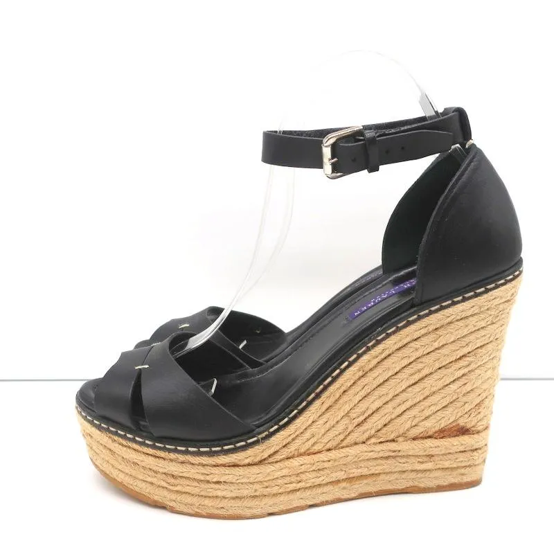 Ralph Lauren Collection Escarpins à Bout Ouvert Wedge à Semelle Espadrille en Cuir Noir Taille 9.5