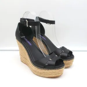 Ralph Lauren Collection Escarpins à Bout Ouvert Wedge à Semelle Espadrille en Cuir Noir Taille 9.5