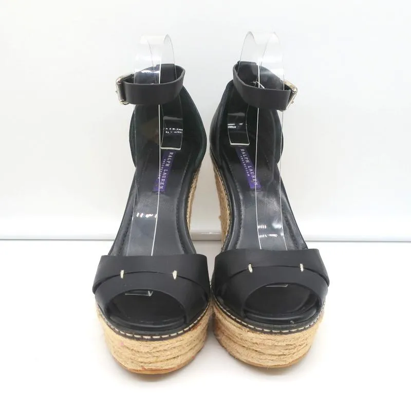 Ralph Lauren Collection Escarpins à Bout Ouvert Wedge à Semelle Espadrille en Cuir Noir Taille 9.5