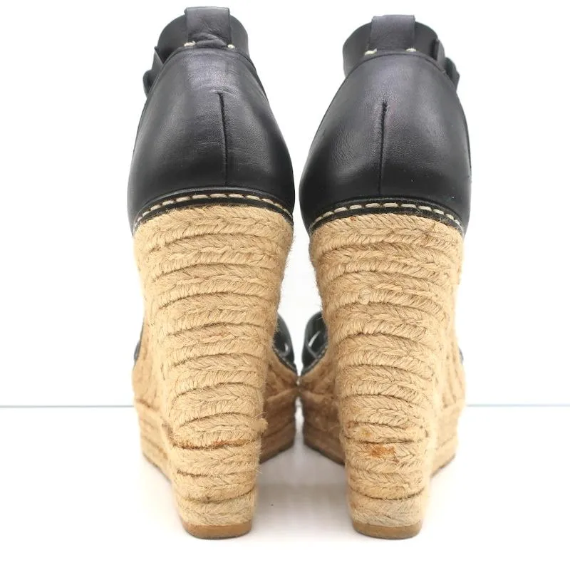 Ralph Lauren Collection Escarpins à Bout Ouvert Wedge à Semelle Espadrille en Cuir Noir Taille 9.5
