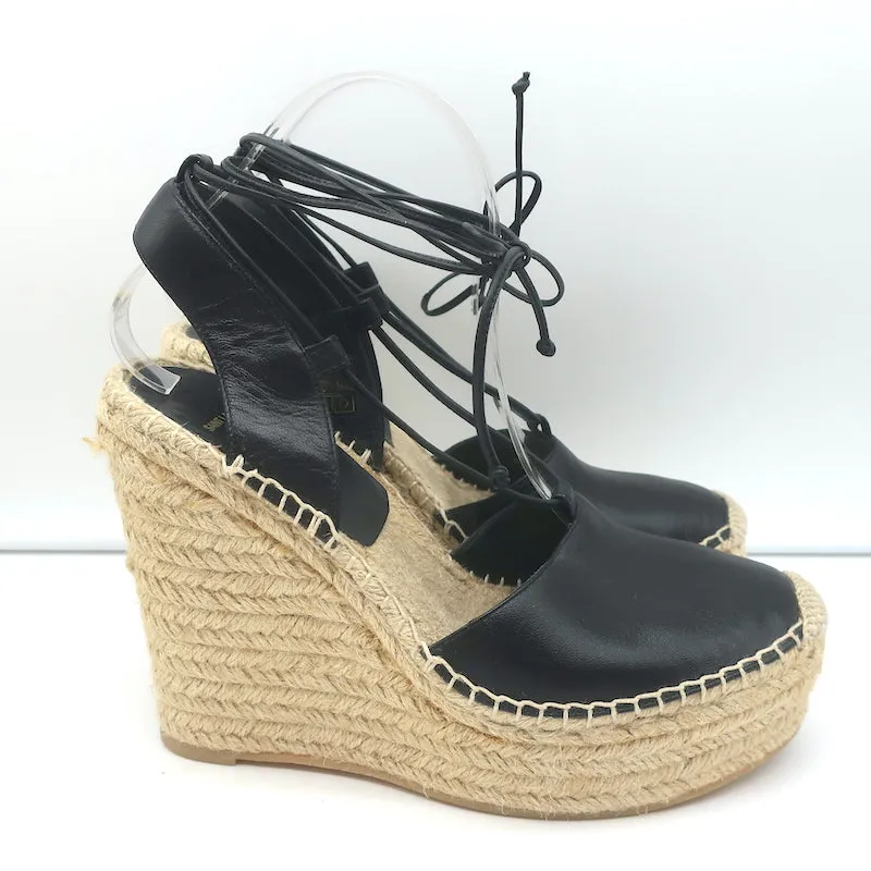 Sandales à plateforme espadrille à wedge Saint Laurent en cuir noir taille 40